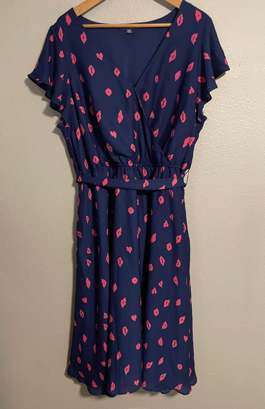ModCloth Womens Dress 2X Blue Kiss Heart Print Wrap Midi Belted Rockabilly Retro
